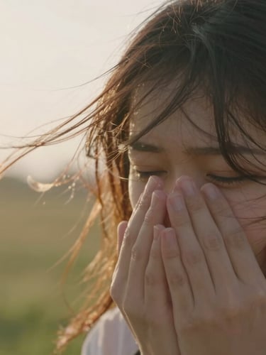 Cinematic close-up of hands holding, wind-blown hair, warm sun flare, soft-focus background of a field.