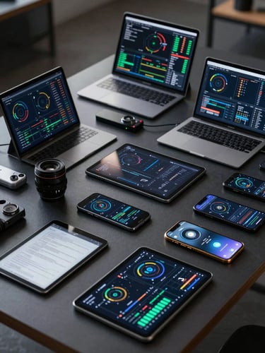 A grid of diverse physical Android devices, including tablets and smartphones, arranged neatly on a dark workbench, screens glowing with active performance diagnostic graphs.