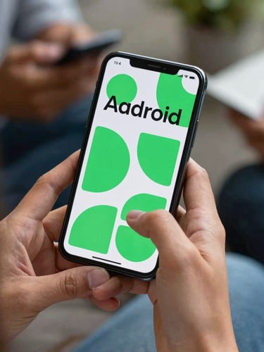 Close-up of diverse hands holding a modern Android smartphone displaying a vibrant educational interface with bold green shapes and clear typography, natural daylight.