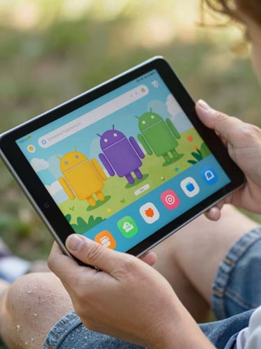 A close-up of a child's hand and a senior's hand holding an Android tablet together, showing a vibrant, colorful educational application interface with large, clear tap targets, bright natural daylight.