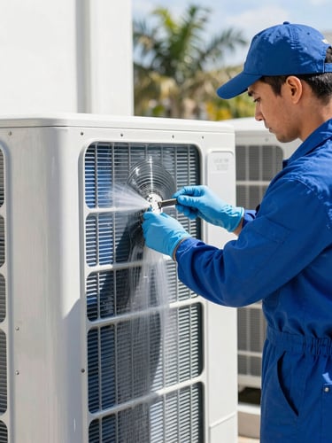 A professional technician in a clean blue uniform applying a protective coating to an outdoor HVAC condenser unit, bright natural Florida daylight, 35mm
