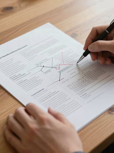 Close-up of hands reviewing a heavily annotated strategy document on a warm wooden table, soft natural side light.