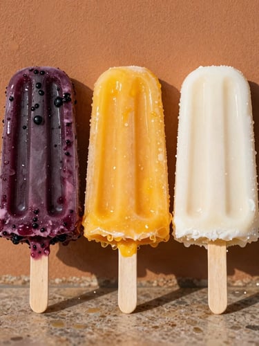 Close-up of three colourful ice pops—one deep purple blackberry, one golden mango, one creamy white coconut—resting side-by-side on a stone counter, glistening with condensation under warm sunlight.