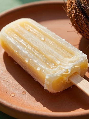 Macro shot of a premium coconut and dulce de leche ice pop resting on a terracotta plate, bright golden-hour sunlight casting deep warm shadows, condensation droplets visible on the creamy texture.