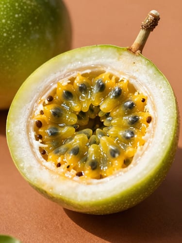 Warm editorial photography of a vibrant passionfruit paleta showing real fruit seeds and texture, held against a terracotta background under bright golden-hour sunlight, macro texture, shallow depth of field
