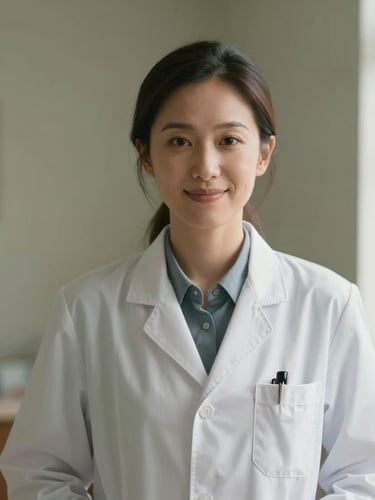 A professional female doctor in a warm clinical setting, smiling gently, soft natural window light, muted sage background, medium portrait shot