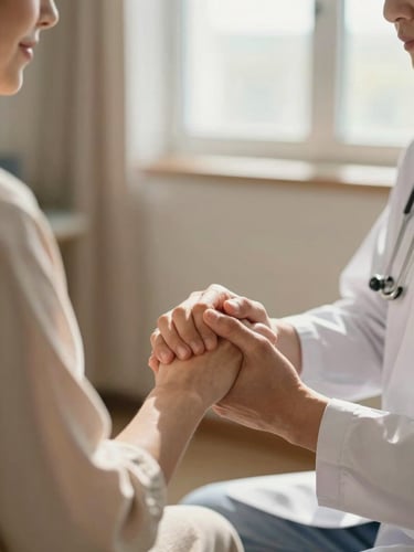 Close-up of a healthcare professional gently holding an expectant mother's hand in a warm, sunlit clinic room, soft natural window light, reassuring clinical atmosphere