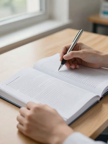 Close-up of a scientific journal open on a wooden table, soft natural daylight from a window, hands holding a pen, shallow depth of field, professional and academic focus.