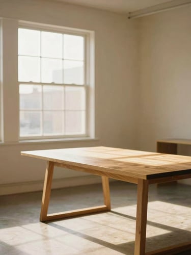 Airy, sun-drenched creative studio interior in Farmington with warm golden window shadows, empty oak table, minimalist layout