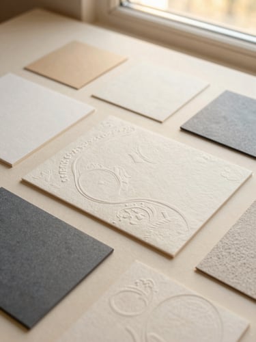 High-angle flat lay of premium embossed stationery and textured paper samples under warm golden-hour window light, soft ivory background