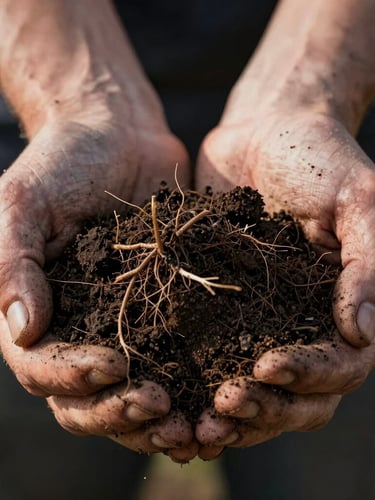 Close-up of weathered hands holding a clump of dark, rich high-plains soil with visible root structures, cold morning light, sharp detail.