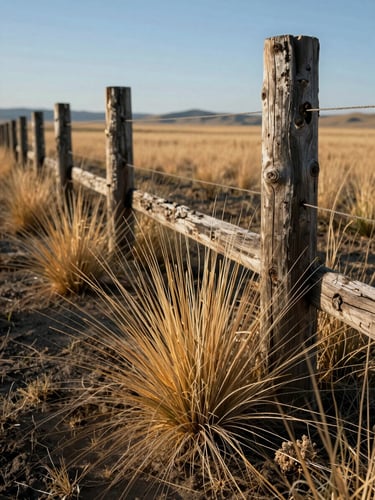 A close-up of native shortgrass prairie with weathered timber fence posts in the background, sharp morning light, high-contrast details of dry soil.