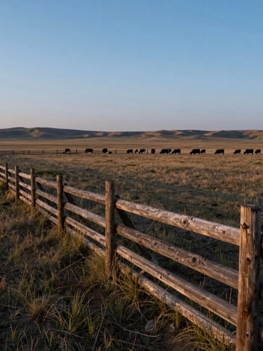 Wide panoramic view of the Wyoming high plains at early morning blue hour. Weathered timber fence lines run along the left third, leading toward a distant herd of cattle grazing on shortgrass prairie under a cold, clear sky.