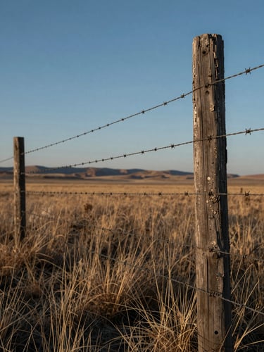 A close-up of weathered timber fence posts and barbed wire running across a vast, dry shortgrass prairie under a cold blue morning sky