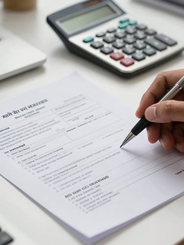Close-up of physical Indian tax documents, a modern calculator, and a hand holding a sleek pen on a clean, organized office desk under natural daylight.