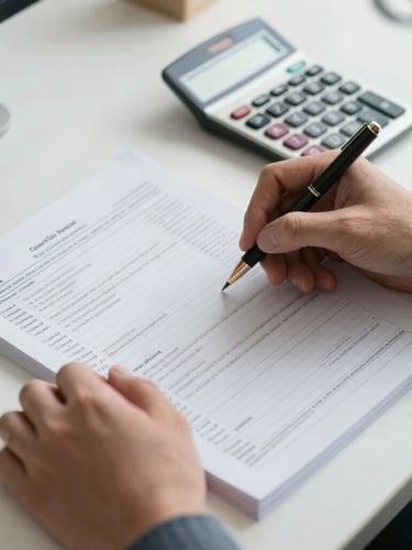Close-up shot of professional hands reviewing physical tax ledgers on a clean desk with a calculator, bright natural office lighting.