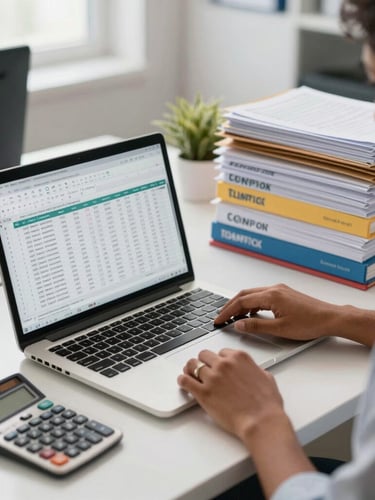A modern, bright Indian accounting office desk with a clean laptop displaying spreadsheet data, a calculator, and organized compliance folders.