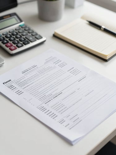 A clean, organized desk in a bright Tamil Nadu office. Close-up on physical tax documents, a modern calculator, and a neat notebook under natural daylight.