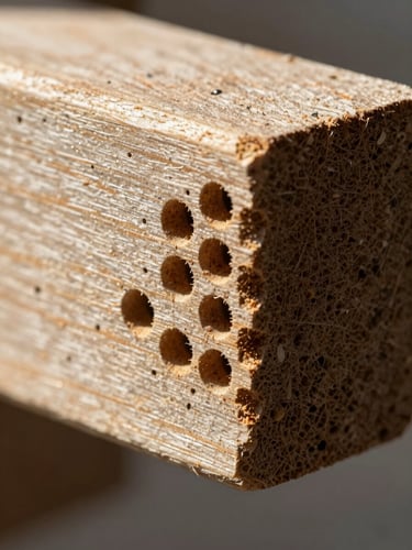 Macro close-up of structural wooden beam showing hollow termite channels, sharp clinical daylight, high contrast, scientific documentation style.