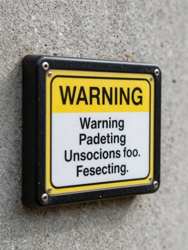 Macro close-up of a technical bait station placed discreetly against a concrete wall, clinical daylight, sharp focus on the warning label.