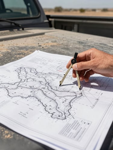 Extreme close-up of technical blueprints and topographic maps spread across a dusty truck hood, a surveyor's hand holding a compass, bright harsh Texas sunlight casting strong shadows.