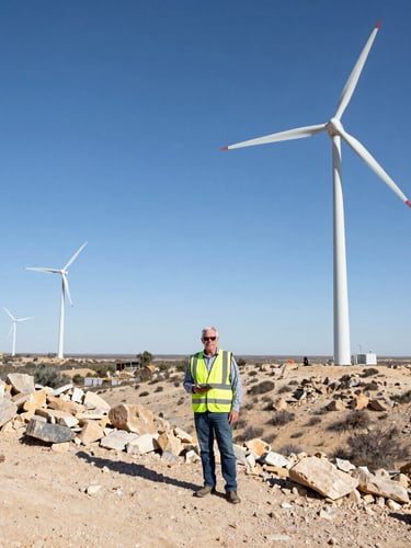Wide-angle environmental portrait of a senior consultant in high-visibility vest standing on a dry Texas limestone ridge, active wind turbine construction in the far background under harsh, bright midday sun.