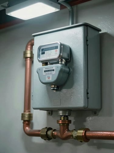 Close-up environmental shot of a certified natural gas meter box mounted on an interior wall, copper pipe runs and shut-off valves clearly visible, bright overhead industrial lighting revealing metal texture and stamped certification labels, clean geometry, no people