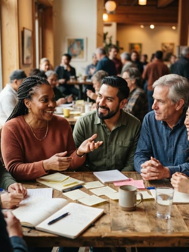 Warm editorial photography of diverse community leaders in active, collaborative discussion, natural daylight, rich organic tones, candid human interaction, shallow depth of field, 35mm lens, subject slightly to the left.