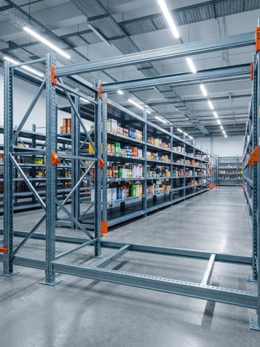 Low-angle sharp industrial photography of clean, bright commercial showroom displaying modular steel supermarket racking, high-contrast overhead lighting