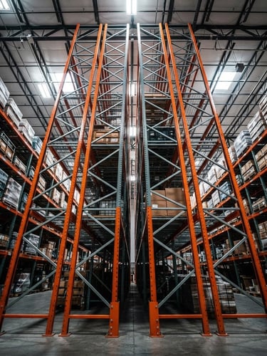 Low-angle shot looking up at a massive structural steel warehouse racking system, cool steel tones, high-contrast industrial lighting, safety orange upright beams.