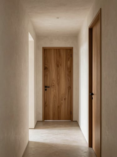 Vertical portrait of a modern corridor, straight-on perspective, raw plaster walls, custom walnut doors, soft natural light from the end of the hallway, architectural photography