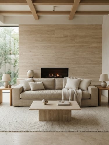 Straight-on architectural photograph of a minimalist living room bathed in soft morning light, travertine stone details, natural linen fabrics, neutral earth tones, 35mm lens