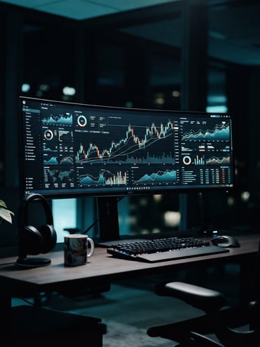 Sleek modern tech setup with clean financial dashboards on a monitor, dramatic high-contrast studio lighting, cool-toned ambient light, 35mm photography