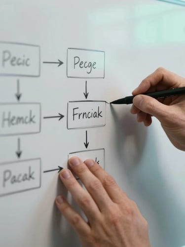 Close-up of hands sketching a clean workflow diagram on a physical whiteboard, sharp focus, cool studio lighting with subtle teal backlight