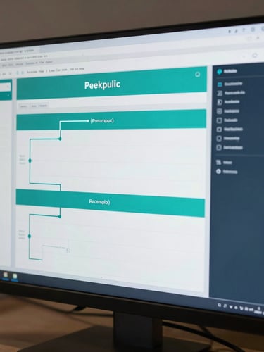 Macro shot of a clean digital workspace dashboard on a high-end monitor, displaying structured pipelines and workflow automation rules in cool teal and deep slate tones, crisp studio lighting.