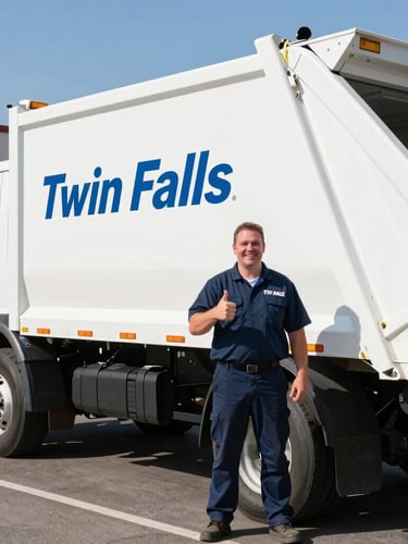 Professional crew member in uniform smiling and giving a thumbs up next to a clean, branded junk removal truck, crisp daylight, medium action shot, Twin Falls, Idaho
