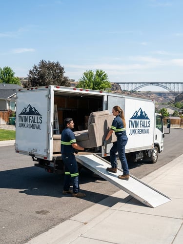 Professional crew in matching uniforms loading heavy furniture into a clean, branded junk removal truck, bright midday sun, wide environmental shot, Twin Falls, Idaho backdrop
