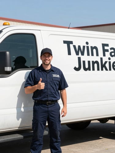 Professional Junk Junkies crew member in uniform, smiling and giving a thumbs-up next to a clean, branded truck in bright daylight, Twin Falls background.