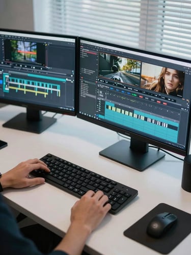 Close overhead view of a professional editing workspace, dual monitors showing a video timeline, keyboard and stylus in frame, clean desk surface under cool diffused window light, no person visible