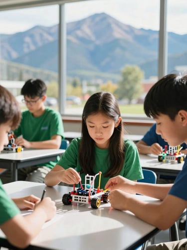 A bright Colorado classroom with students collaborating over a small robotics kit, natural daylight streaming through large windows, shallow depth of field.