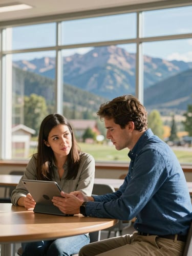 A side-profile landscape shot of an educator and coach collaborating over a tablet in a modern Colorado school library, warm natural light pouring through large windows.
