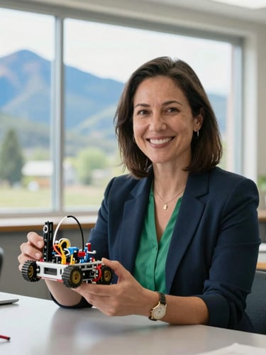 A Colorado educator smiling in a bright classroom, holding a small robotics kit, soft natural window light, professional editorial style