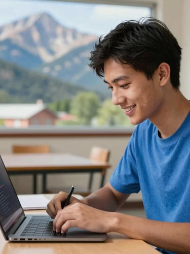 A close-up vertical portrait of a student in Colorado smiling as they write code on a laptop, bright natural daylight illuminating the workspace, soft classroom background.