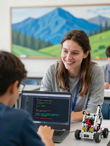 A medium close-up of a smiling high school teacher in a bright Denver classroom, guiding a student through a robotics coding interface on a laptop, soft natural daylight.