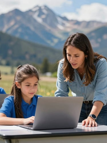 An authentic Colorado classroom with an educator guiding a student on a laptop, bright natural daylight, shallow depth of field, mountain blue accents