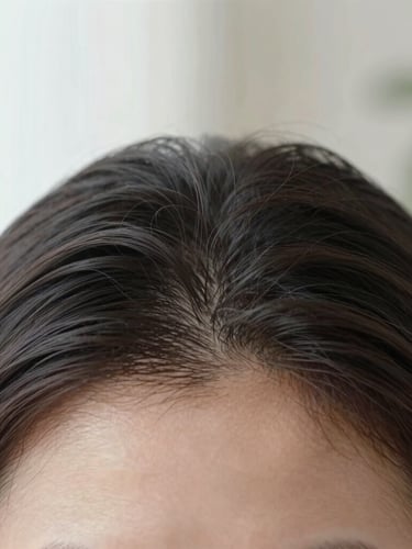 Macro close-up of healthy scalp parted hair, clean texture, soft diffused natural light, 35mm.