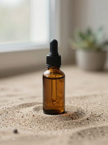 Amber glass dropper bottle resting on a warm sand surface, soft natural window light, muted botanical tones, macro depth of field.