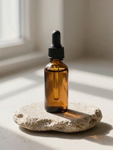 An amber glass dropper bottle of hair oil resting on a smooth sand-colored stone, soft natural window light casting gentle shadows, minimalist clinical aesthetic, 35mm