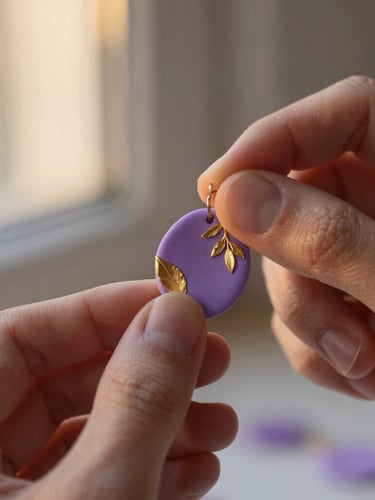 Macro shot of hands sculpting a delicate polymer clay earring with gold leaf details, soft warm golden hour light reflecting on clay textures, shallow depth of field.