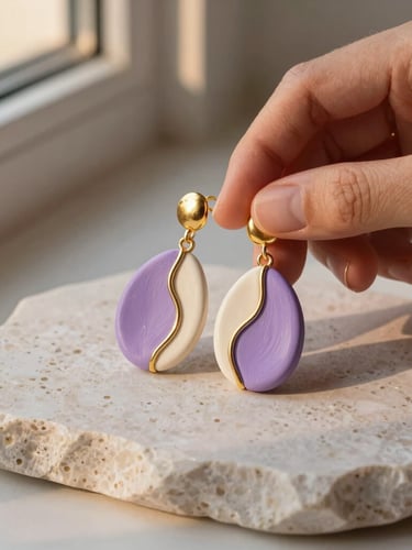 Hands holding finished pastel lavender and cream polymer clay earrings with organic gold accents, resting on raw white travertine stone under soft twilight shadows.